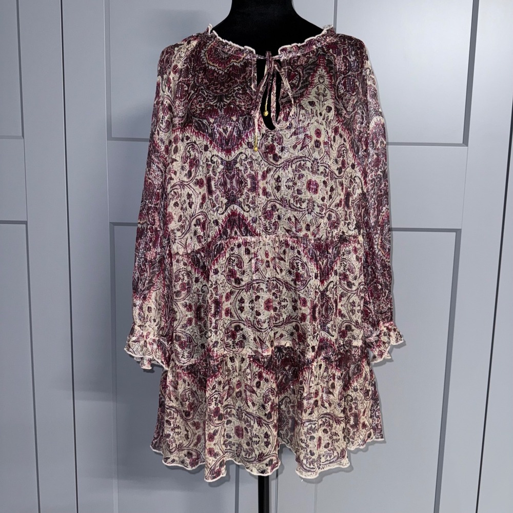 Johnny Was Cream and Wine Paisley Tiered Tunic with Tie Neck